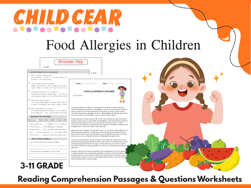 Food Allergies in Children reading Comprehension Passages & Questions Worksheets