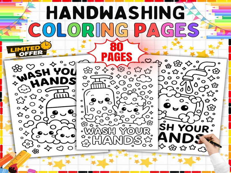 Handwashing Coloring Pages | 80 Page Coloring Sheets | Soap Bubbles and Clean Hands