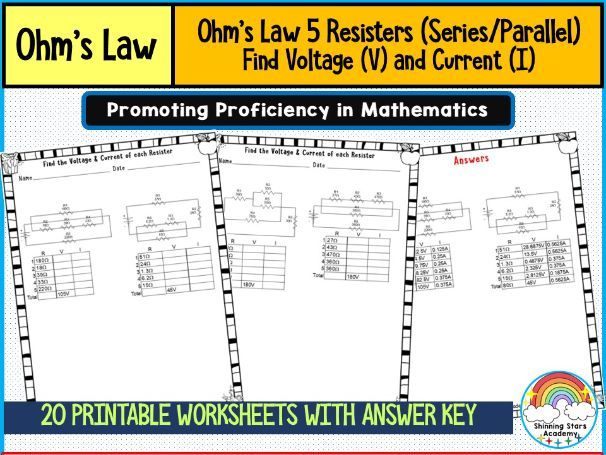 Ohm’s Law – 5 Resistors (Series/Parallel) (Find Voltage (V) and Current (I)) Worksheets | Advanced C