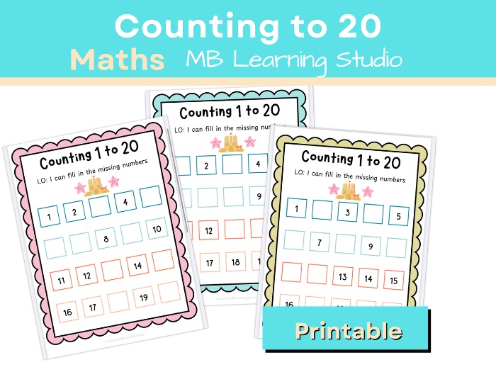 Summer Beach Count to 20 Missing Number Worksheet | EYFS, KS1, Pre-K–1st Grade