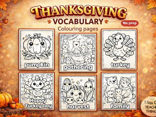 Thanksgiving vocabulary colouring pages - ESL and young learners