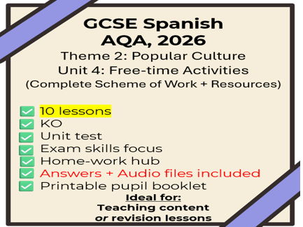 AQA 2026 GCSE Spanish: Unit 4 Free-time Activities NEW SPEC (full SOW + 10 lessons + extras)
