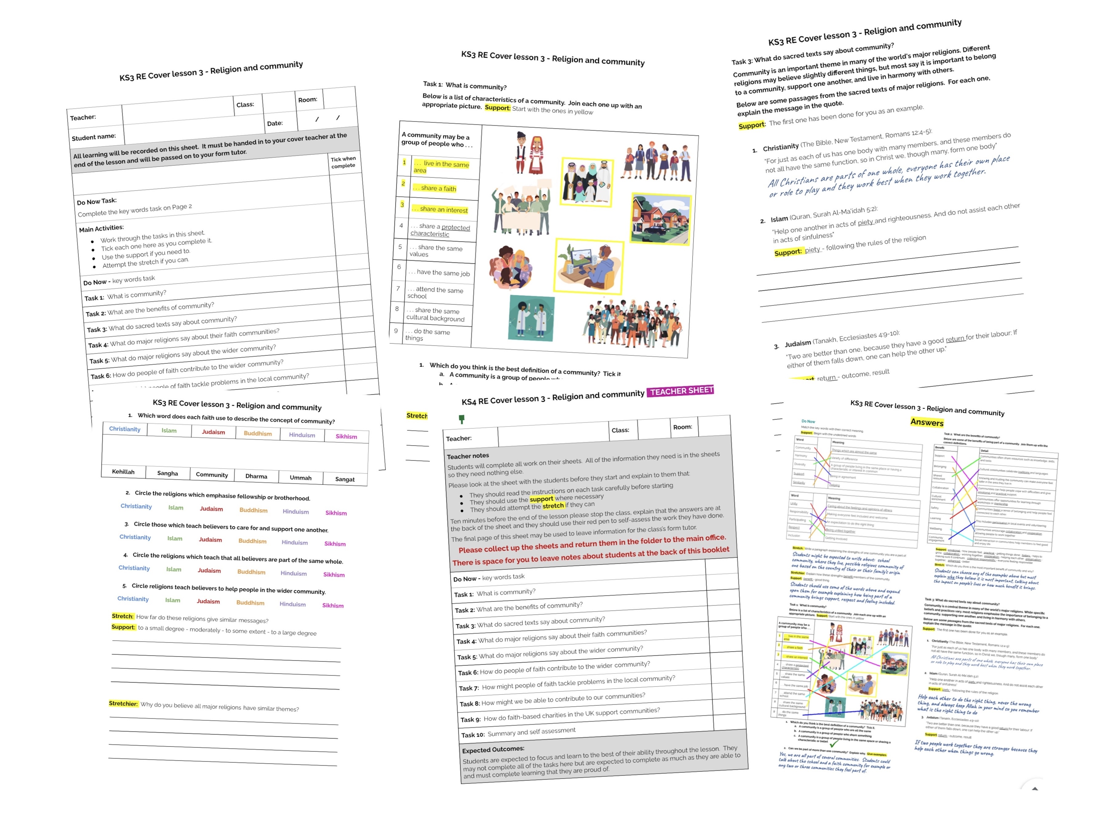 RE Cover lesson KS3 & KS4 -standalone lesson on religion and community with answers