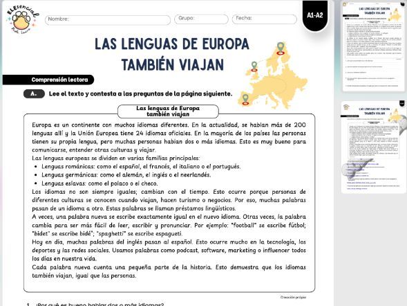 Spanish Reading Comprehension: Las Lenguas de Europa También Viajan