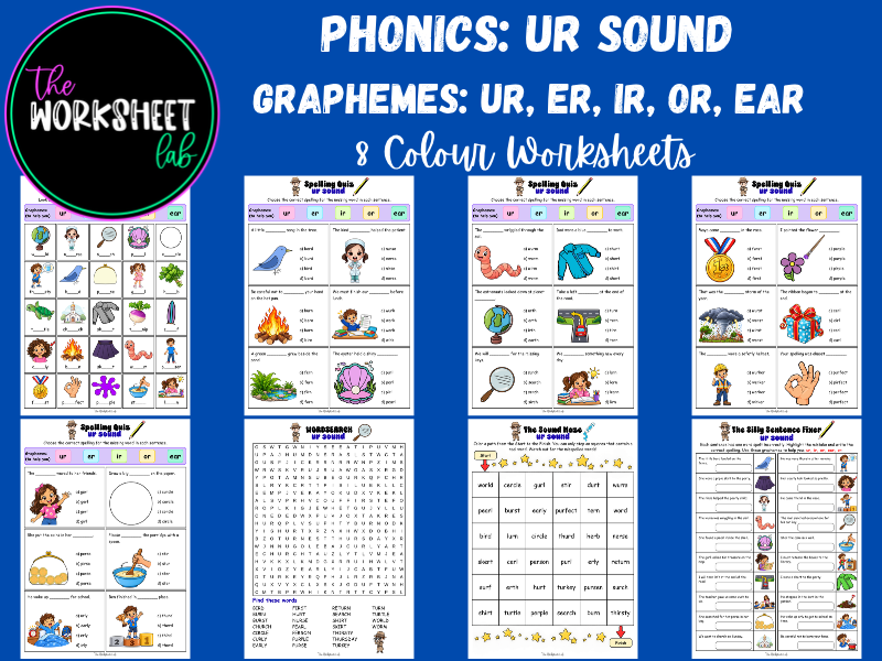 UR Sound Phonics Worksheets, Graphemes: ur, er, ir, or, ear