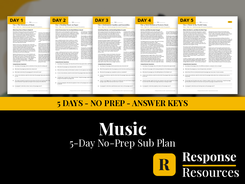 Music Emergency Sub Plans - 5 Days No Prep for the Non-Music Substitute