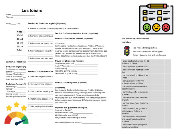 Hobbies & Opinions (French) – Assessment, Mark Scheme & Self Assessment
