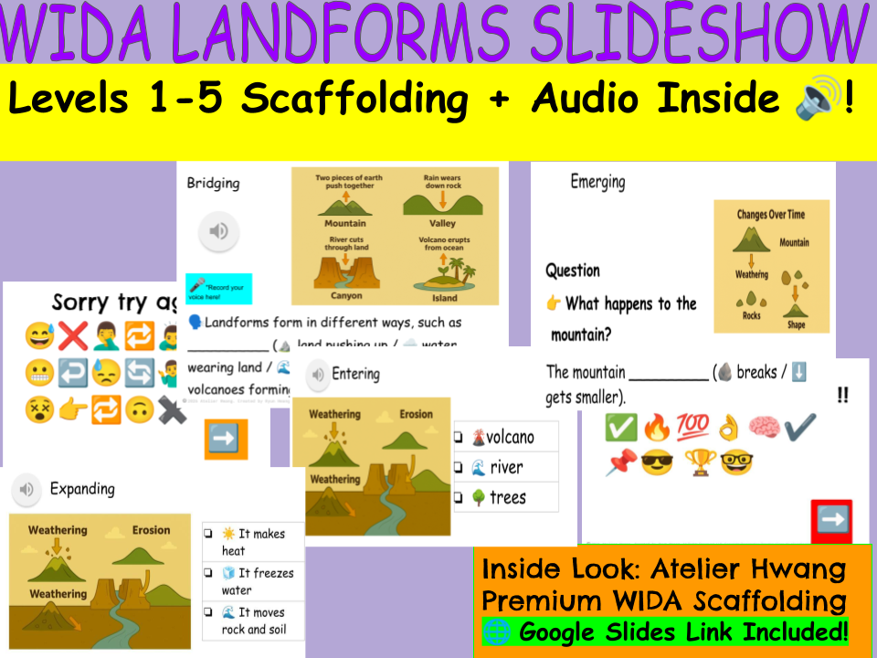 Interactive Landforms Slideshow with Audio | WIDA Levels 1-5 ELD Resource