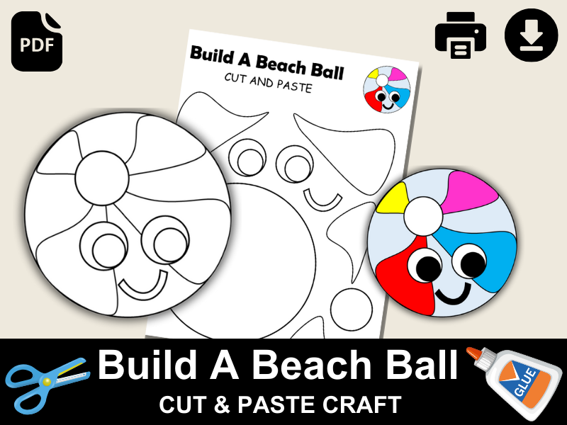 Beach Ball Craft for Kids | Printable Coloring Page | Cut and Paste Summer Activity PDF