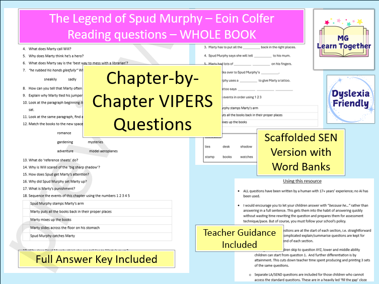 KS2 VIPERS The Legend of Spud Murphy: Whole Book Reading comprehension +Differentiated SEN version