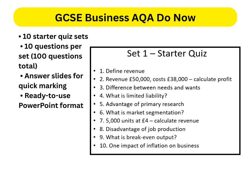 AQA GCSE Business – Retrieval Practice Starter Quizzes | Do Now PowerPoint (10 Sets + Answers)