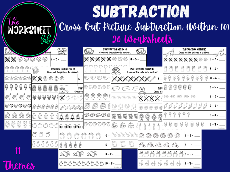 SUBTRACTION: Cross Out Picture Subtraction (Within 10) Worksheets in Black and White