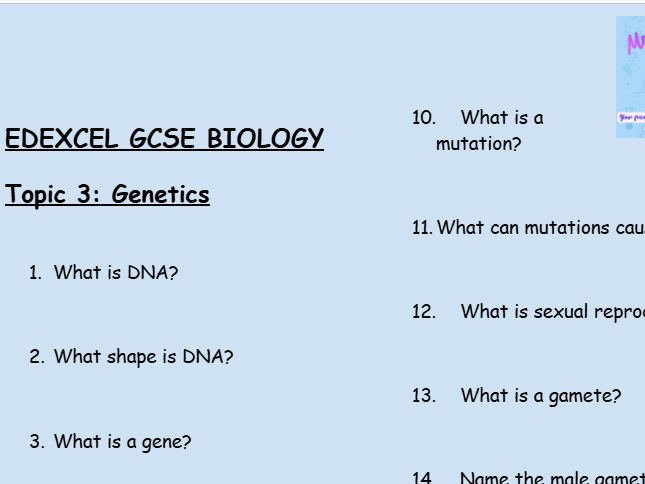 Edexcel GCSE Biology Topic 3: Genetics – 30 Question Retrieval Sheet (With Answers)