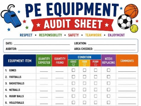 PE Equipment Audit Sheet | Colourful School Sports Inventory & Equipment Inspection Checklist