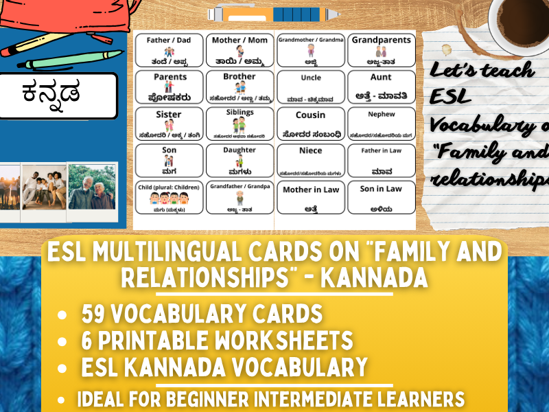 ESL Multilingual Vocabulary Flashcards - Family & Relationships - Kannada