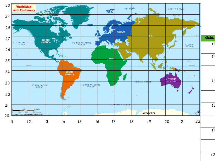 Grid Reference Map - Continents & Oceans