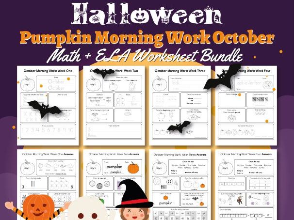Kindergarten Pumpkin Morning Work October | Math + ELA Worksheet Bundle | Halloween Theme