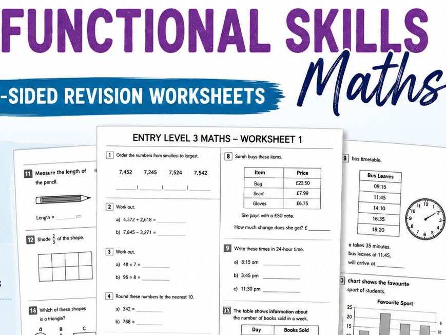Functional Skills Maths Entry Level 1–3 COMPLETE Revision Bundle | 25 Practice Worksheets + Answers