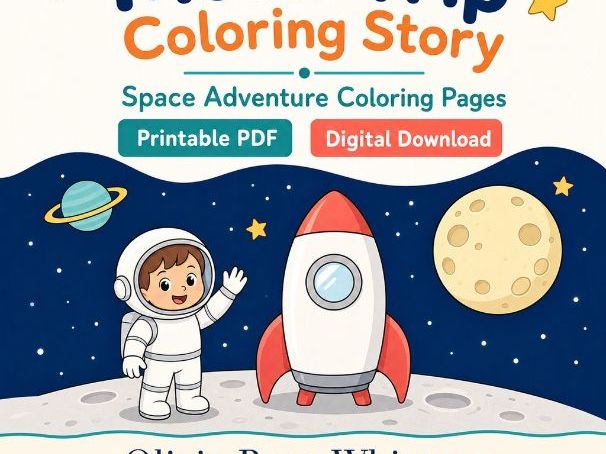Moon Trip Coloring Story | Space Adventure Coloring Pages | Printable PDF | Digital Download