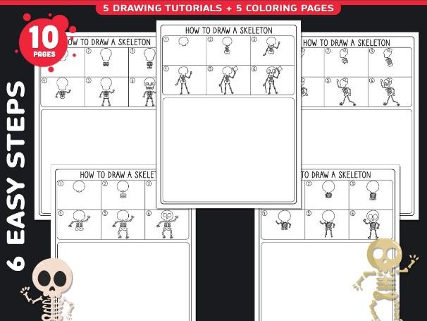 How to Draw a Silly Skeleton, 6 Easy Steps, Halloween Art + Coloring Pages