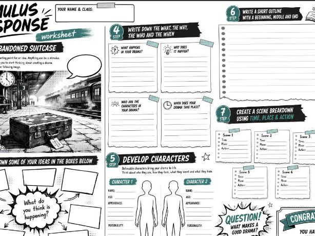 Drama Stimulus Response Worksheet | Comic Strip Cover Lesson | The Abandoned Suitcase