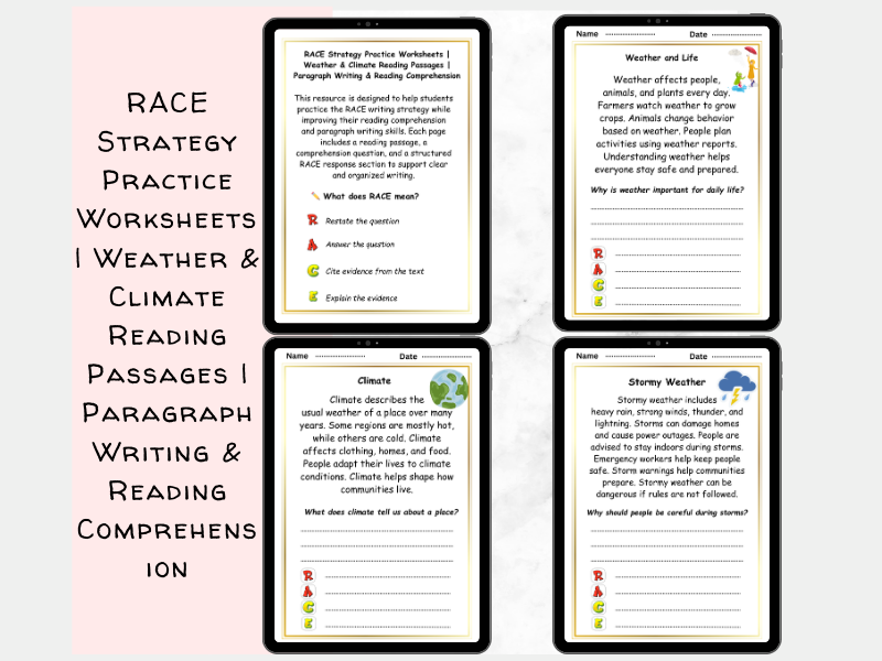 RACE Strategy Practice Worksheets | Weather & Climate Reading Passages | Paragraph Writing & Reading