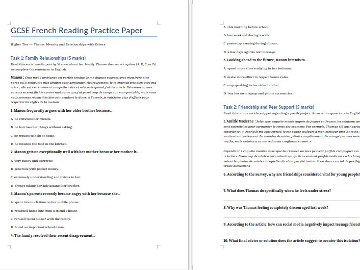 GCSE French New Spec Reading Mock: Family & Friends (Higher Tier + Mark Scheme)