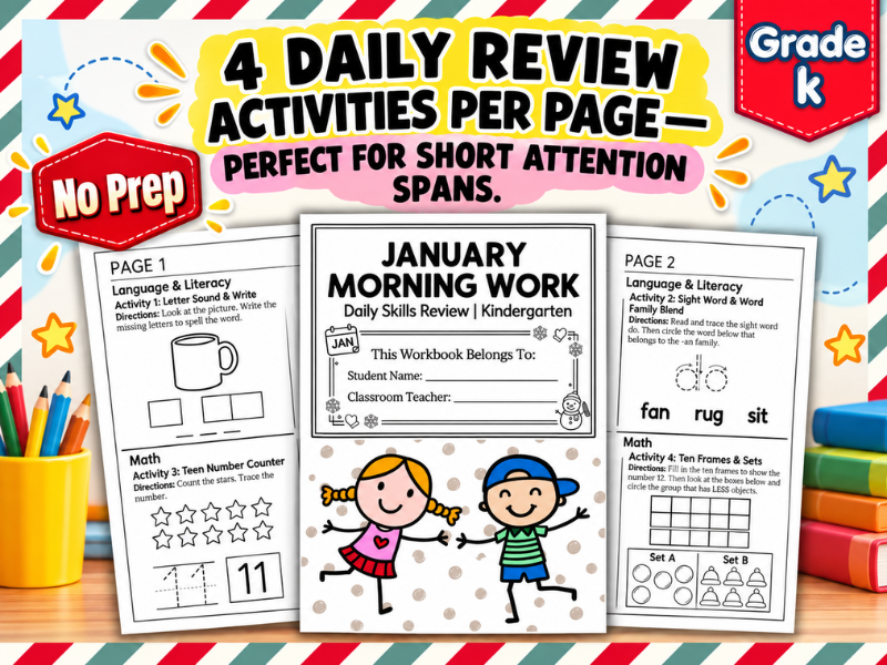 January Morning Work Kindergarten Worksheets — Daily ELA & Math Spiral Review (20 Days)