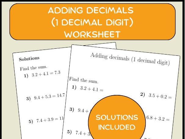 Adding decimals (1 decimal digit) worksheet (with solutions)
