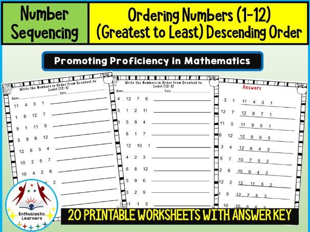 Ordering Numbers (1–12) – Greatest to Least (Descending Order) Worksheets Practice Activities