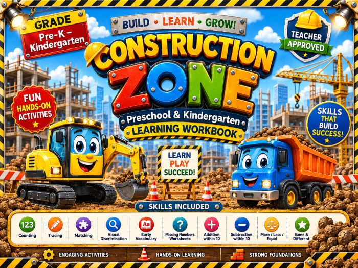 Construction Zone Preschool Math & Tracing Worksheets | Pre-K Kindergarten Activities