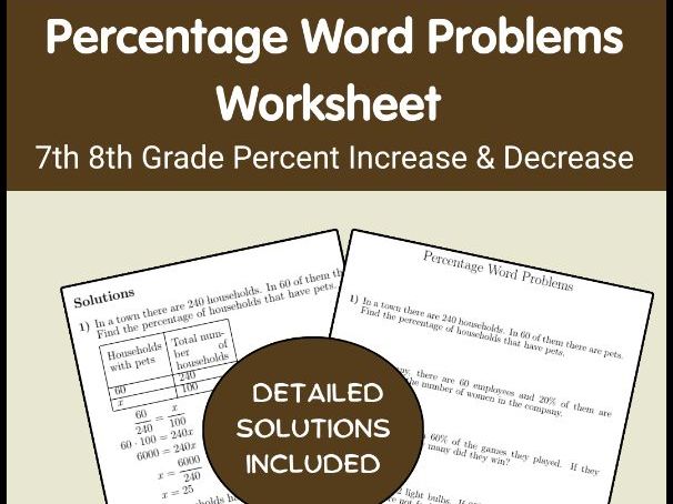 Percentage Word Problems Worksheet | 7th 8th Grade Percent Increase & Decrease