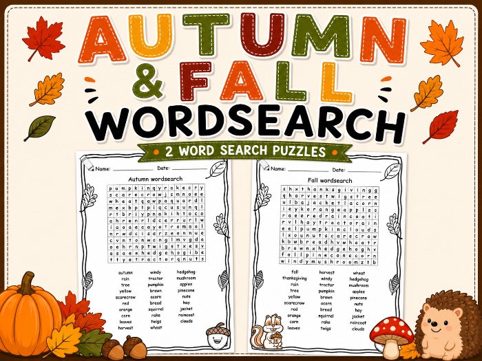 Cute autumn and fall wordsearches with answers