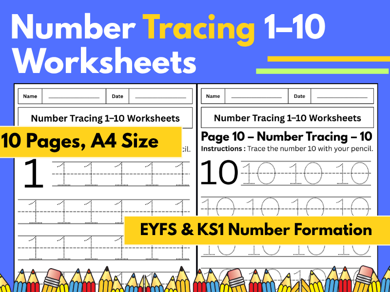 Number Tracing 1–10 Worksheets | EYFS & KS1 Number Formation | Reception & Year 1 Maths
