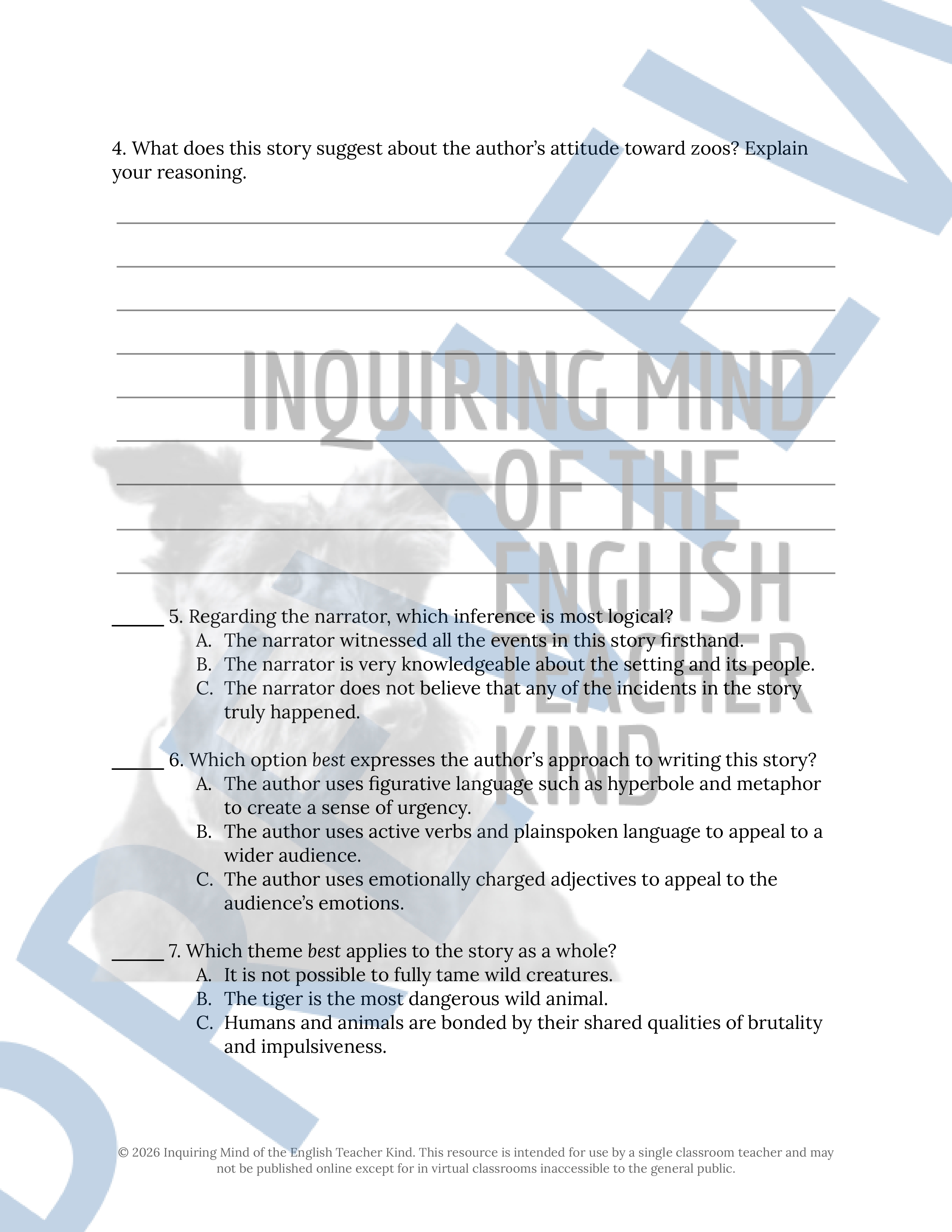 "A Tiger in the House" by Ruskin Bond Literary Analysis Worksheet and ...