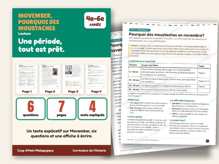 FREE French Movember Reading Comprehension Grade 4-6 | Pourquoi des moustaches