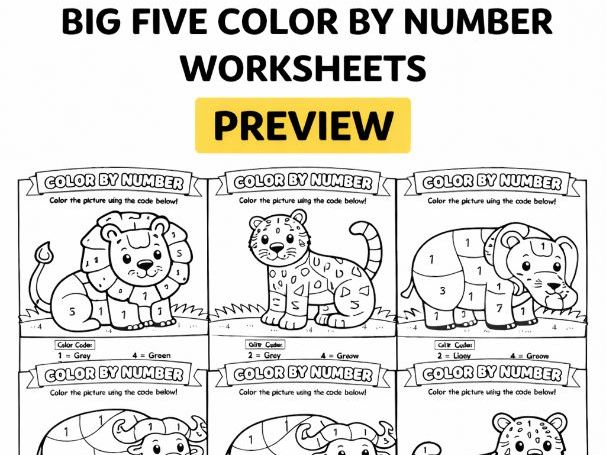 BIG FIVE Color by Number Worksheets (Fun & Educational Coloring Pack) PreK-Grade 2