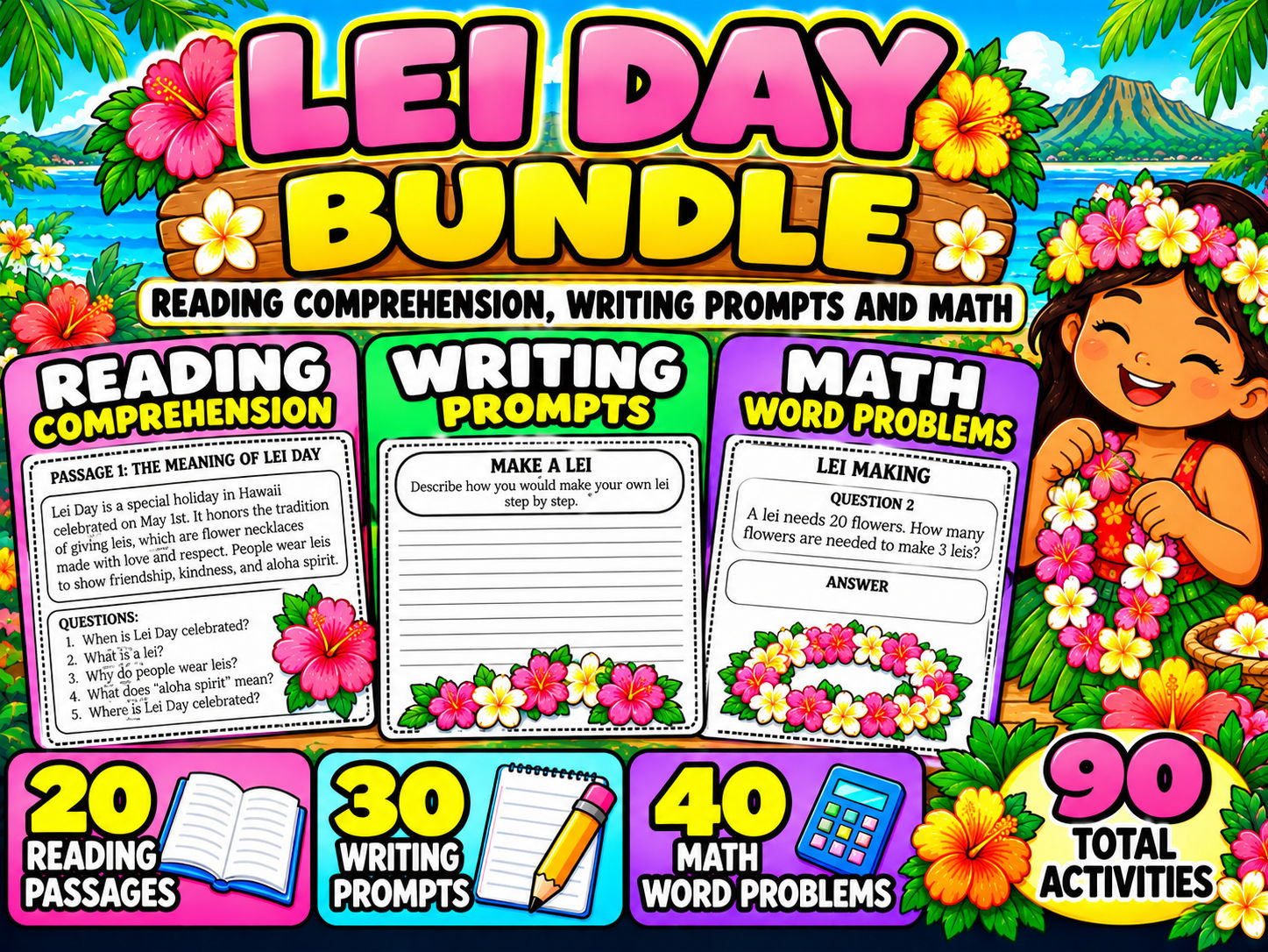 Lei Day Bundle | Reading Comprehension, Writing Prompts and Math
