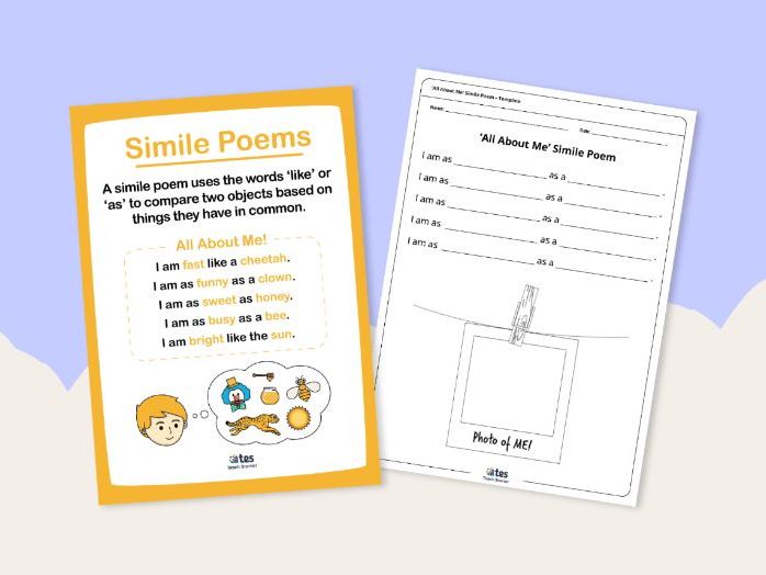 All About Me simile poem worksheet and poster