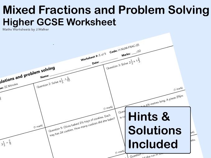 GCSE Maths Worksheet: Mixed Fraction Calculations and Problem Solving  - Higher Tier