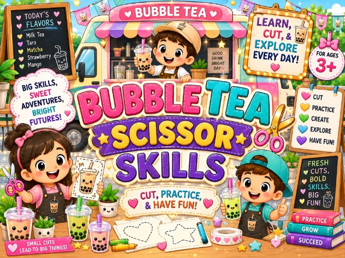 Bubble Tea Scissor Skills Worksheets | Cutting Practice & Fine Motor Activities | Preschool–1st
