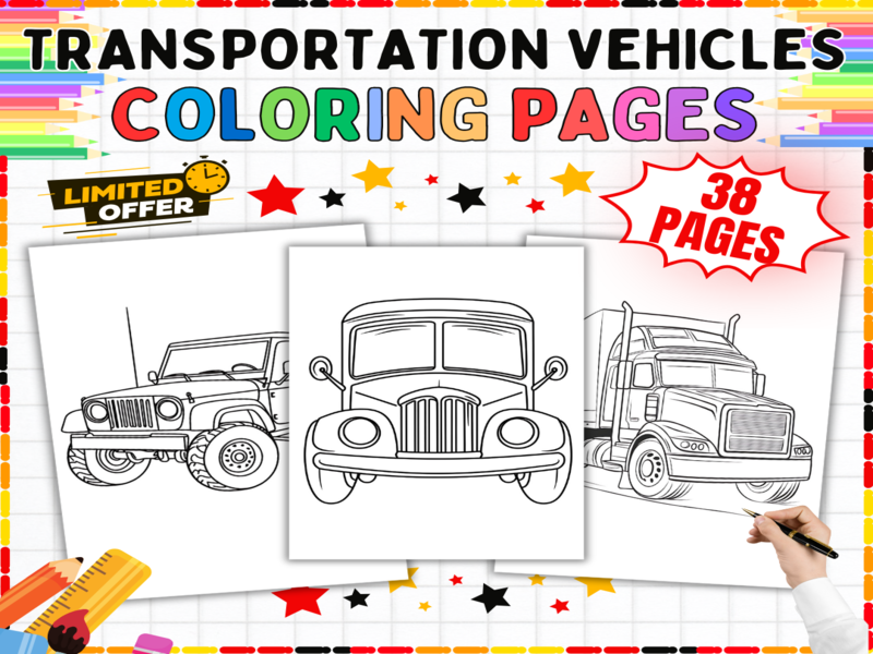 Transportation Vehicles Colouring Pages | 38 Cars & Trucks Worksheets | Travel Art Activities