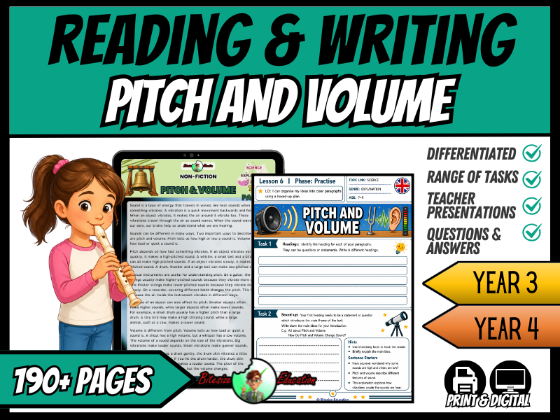 Pitch & Volume | Reading and Writing Bundle | Year 3 and 4