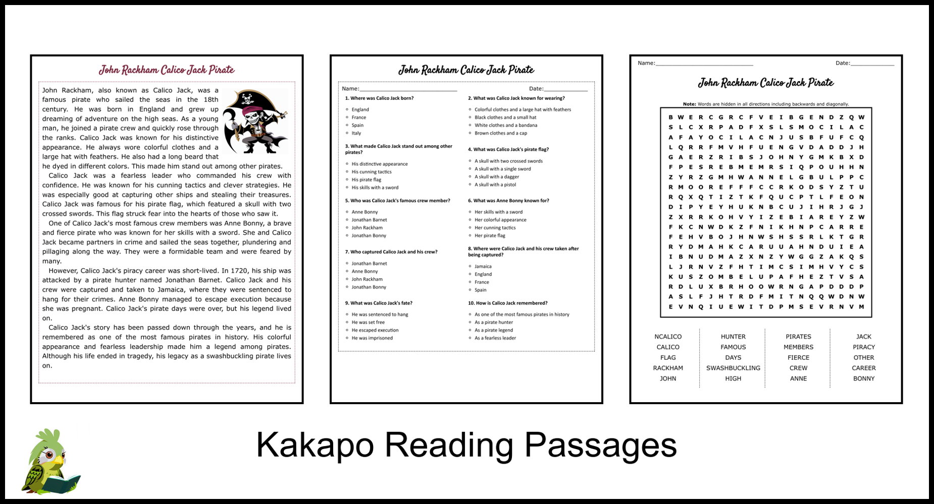 John Rackham Calico Jack Pirate Reading Comprehension and Word Search