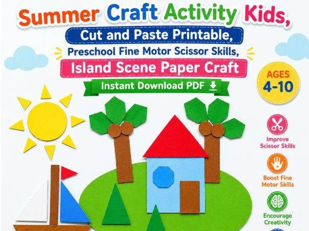 Summer Craft Activity Kids, Cut and Paste Printable, Preschool Fine Motor Scissor Skills, Island Sce