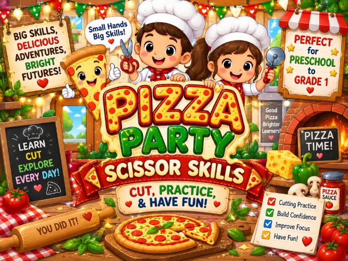 Pizza Party Scissor Skills Worksheets | Cutting Practice & Fine Motor Activities | Preschool–Grade 1