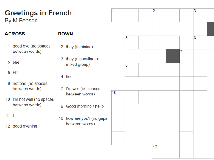 French crossword - Greetings in French