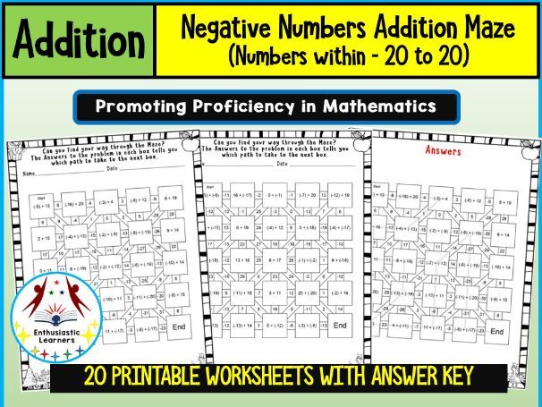 Negative Numbers Addition Number Maze (Numbers within –20 to 20) Worksheets Math Problems