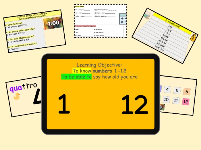 Year 7 Italian numbers 1-12 how old are you?/ quanti anni hai? LESSON 4 with WORKSHEET