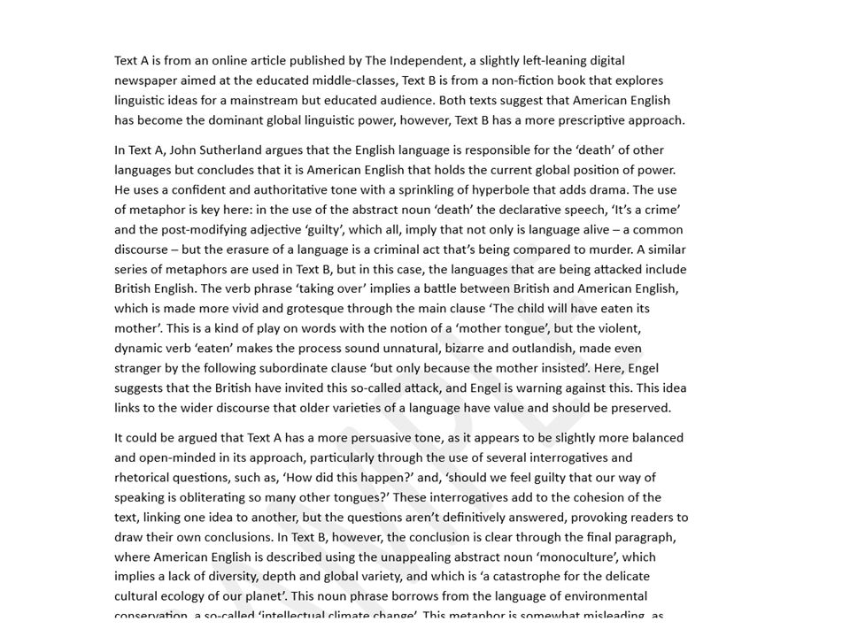 Example Essay Paper 2 Q3 Comparison (AQA English Language A Level)
